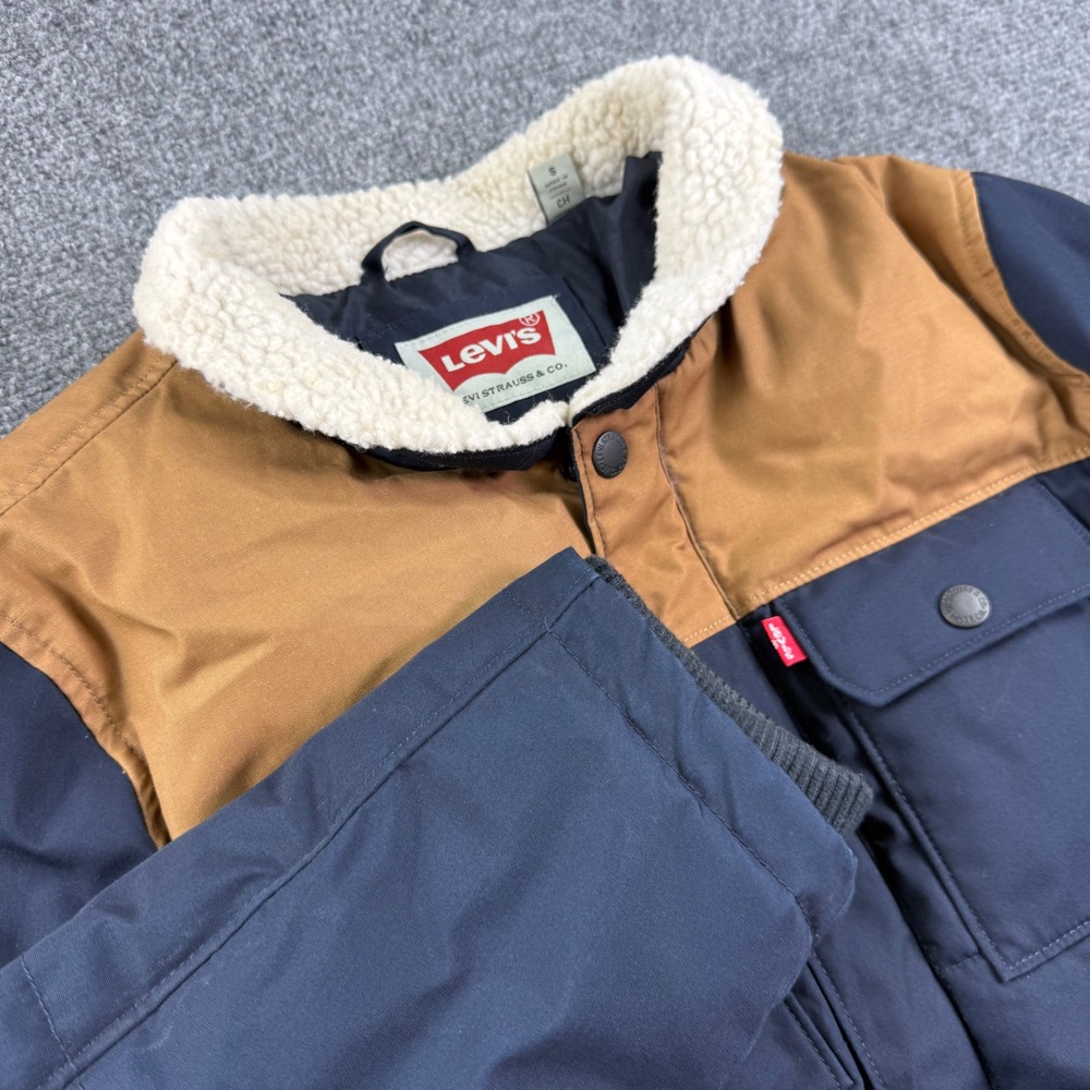 Levis Puffer Jacket S Navy Brown Sherpa Collar Colorblock Padded Mens